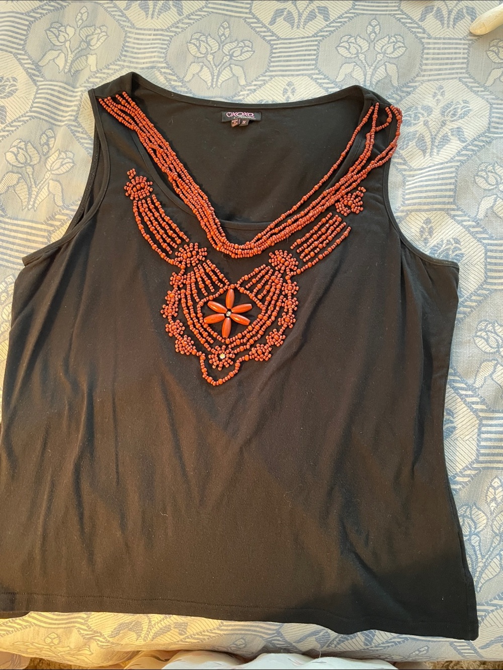 Beaded Black Tank Top with Rust Accent by OXOXO Collection